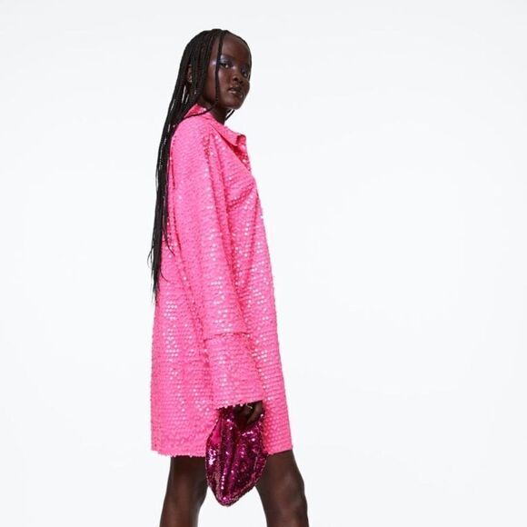H&M Sequined Shirt Dress Cerise Festive New Barbiecore - Picture 3 of 8